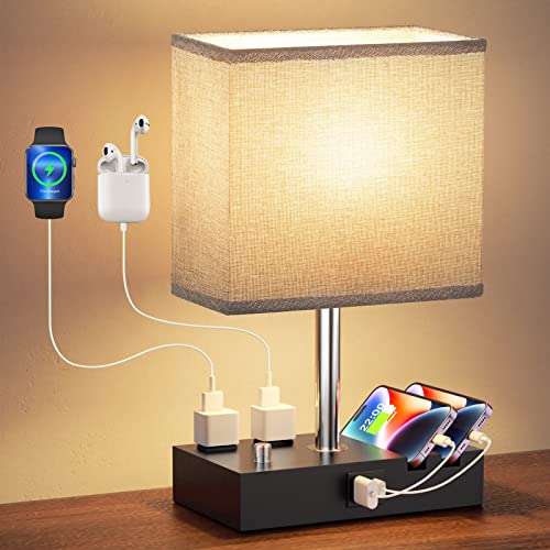 Bedside Table Lamp for Bedroom Nightstand - Stepless Dimmable, 2 AC Outlets | Dimming By Rotary Knob, USB C+A Ports, 2 Phone Stands, LED Bulbs Included, Rectangle Grey Fabric Shade, for Living Room, Desk - color: Wood Grain, size: 1 Pack