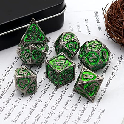 PJOY D&D Dice Set Metal DND Green Dice with Case Compatible with Dungeons and Dragons Ranger Gifts - color: Antique Silver Green