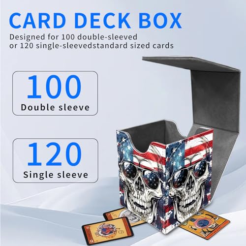 for MTG Deck Box, Commander Deck Case Fits 100 Double Sleeved Cards, PU Leather Storage Box, Compatible with Magic/TCG/PTCG/EDH/Sport Cards,American flag skull - color: American flag skull