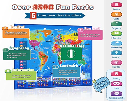 Qiaojoy Bilingual Interactive World Map for Kids Learning and Educational Toys, Talking Electronic Kids World Map i-Poster Geography Games Ages 3 to 12 Years Old, Custom Talking Birthday Gifts Card - style: World Map& Space Poster