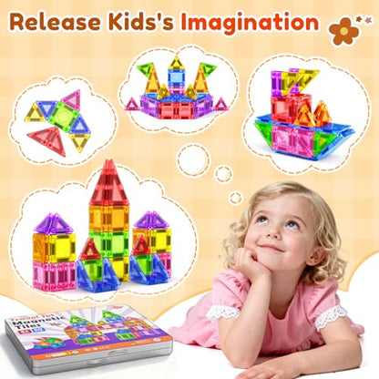 60PCS Mini Magnetic Tiles for Kids Ages 3-5 4-8 with Iron Box Travel Magnet Building Kids Toys for 3 4 5 6 7 8 Year Old Boys Girls Toddler Creativity Construction Sensory Valentines Birthday Gifts