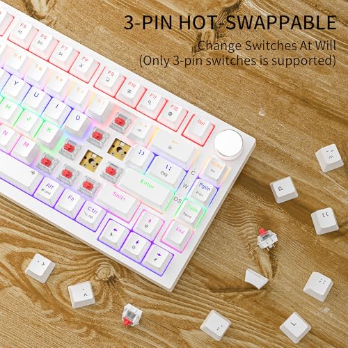 Newmen GM326 75% Percent Mechanical Keyboard,Wired Mini Backlit Hot Swappable Gaming Mechanical Keyboard with Knob,82 Keys Anti-Ghosting Compact White Gaming Keyboards for PC Win Mac,Red Switch - color: White