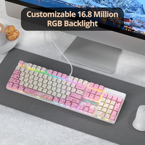Full Size Mechanical Keyboard, Creamy Keyboard with Number Pad, 104 Keys Pink Wired Gaming Keyboard with Red Switch, RGB Backlit for PC Laptop - color: Pink