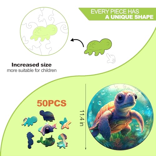 Wooden Puzzles for Kids Ages 4-8, Sea Turtle Puzzle, Unique Animal Shaped Wooden Jigsaw Puzzles for Kid, 50 Pieces Puzzles for Kids(50pcs,11.4 * 11.4in) - color: Baby Turtle