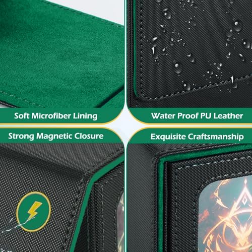 CMFYlive Card Deck Box for Commander Deck Box MTG Deck Box Fits 100 Double Sleeved Cards, Magic Commander TCG Card Storage Box with 2 Dividers,Drawstring Bag and 1 Toploader (Black/Green) - color: Black/Green