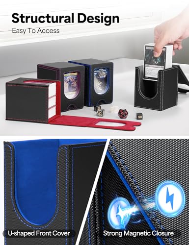 Card Deck Box for MTG Commander, Card Case Holds 100+ Double-Sleeved Cards, Magic Card Box Fits for TCG/PTCG/CCG Card with 2 Dividers (Black&Blue) - color: Black&Blue