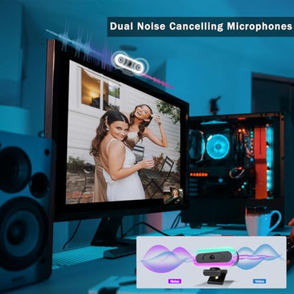 2K Webcam for PC with Microphone/Ring Light,USB C Computer Camera | Webcam with RGB/White Light/Cover,Autofocus,65°FOV, PC Web Camera for Desktop Computer Video Meeting/Gaming Streaming - color: 2k webcam with light