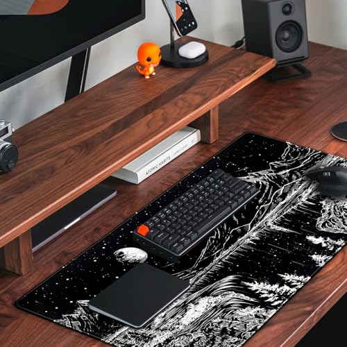 Black and White Desk Mat Dark Nature Forest Mouse pad XXL Starry Night Mountain Desk pad Aesthetic Moon and Stars Mousepad XXL for Laptop Computer Mouse Gaming Keyboard Mat, 31.5 X 15.8 in - color: Night Painting