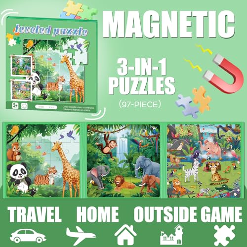 Magnetic Puzzles for Toddlers 3-5 Toddler Puzzle Travel Toys （Animal） | Jigsaw Puzzles for Kids 97-Pieces Travel Toys, Animal Jungle Puzzles Ages 4-6 Road Car Trip & Airplane Activity - style: Animal Jungle