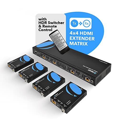 OREI 4K 4x4 HDMI Extender Matrix - UltraHD 4K @ 60Hz 4:4:4 Over Single CAT5e/6/7 Cable with HDR Switcher & IR Control, RS-232 - Up to 230 Ft - 1080P Downscale - 4 x Loop Out - 4 Receivers Included | HDMI Matrix Switch Extender, 4x8 HDMI Extender Matrix 4K