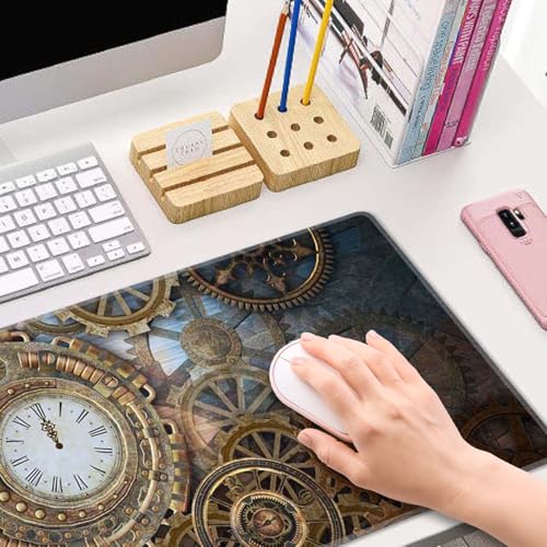 Gaming Mouse Pad, XL Extended Computer Keyboard Long Mouse Mat, Large Desk Pad for Office Laptop, Non-Slip Rubber Base with Stitched Edge Mousepad, 31.5X11.8 inch Rusty Steampunk with Clock - color: Rusty Steampunk With Clock