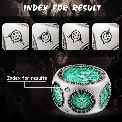 DNDND Unique Spinner D&D Dice, 8-in-1 Hexagonal Metal Dice with Dual D20 Monster Themed Dice Set for DND Dungeons and Dragons, Dungeon Masters with Collectible Gift Tin (Silver with Green) - color: Silver Green