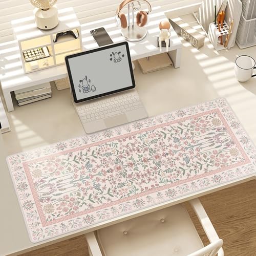 Baziabbo Pink Floral Desk Mat,XXL Extended Big Mouse Pad,Gaming Mousepad with Stitched Edge,Non-Slip Rubber Base Keyboard Desk Pad for Home Office Study Game - color: Pink Floral