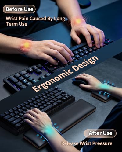 ASFSKY Keyboard and Mouse Wrist Rest Set for 60%-75% Compact Keyboards – Ergonomic Wooden Support Pad with PU Leather & Memory Foam, Anti-Slip Rubber Base for Gaming, Office & Typing Pain Relief - style: No RGB