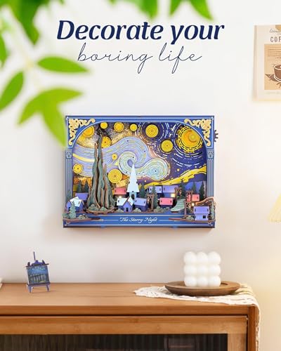 3D Wooden Puzzles for Adults Van Gogh Starry Night DIY Model Building Kits with LED Light - Home Decor, Wall Art & Unique Creative Gifts for Art Lovers/Men/Women - style: Starry Night