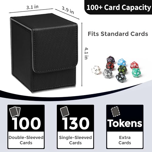 MTG Deck Box with 2 Dividers, Large Capacity Commander Deck Box Fits 100+ Double-Sleeved Cards, PU Leather Card Case Compatible with Magic Commander YuGiOh TCG CCG, Black - color: Black 01, size: Vertical, 100 Double-sleeved Cards