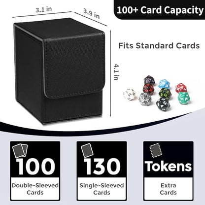 MTG Deck Box with 2 Dividers, Large Capacity Commander Deck Box Fits 100+ Double-Sleeved Cards, PU Leather Card Case Compatible with Magic Commander YuGiOh TCG CCG, Black - color: Black 01, size: Vertical, 100 Double-sleeved Cards