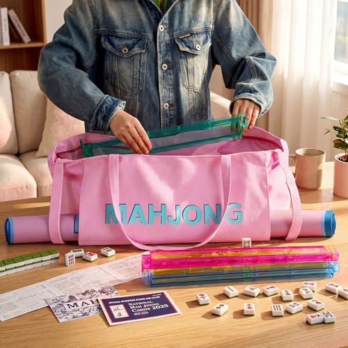 Abbylike 28x9 Inches Mahjong Bag for Rolled Mat Tiles Racks Pushers Accessories Empty Mahjong Tote Bag with Zipper Closure Outer Pockets Lining Large Capacity(Light Pink,Canvas) - color: Light Pink