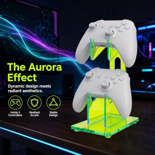Aurora Green 2 Pack 2-Tier Controller Holder Display Stand for PS5, Xbox | Controller holder & display stand for gaming desk or battlestation; set of 2 holds 4 pads, charge in place, aurora acrylic