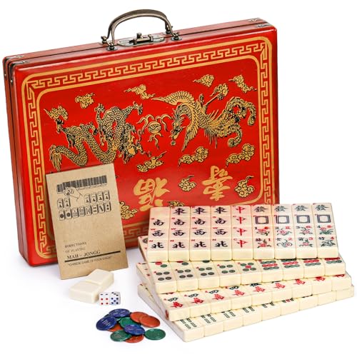 Cedilis Chinese Mahjong Game Set with 146 Large Tiles(1.4", Ivory), 2 Dice and Red Carrying Case for Chinese Style Game, Family Gathering