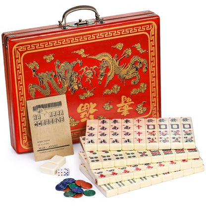 Cedilis Chinese Mahjong Game Set with 146 Large Tiles(1.4", Ivory), 2 Dice and Red Carrying Case for Chinese Style Game, Family Gathering