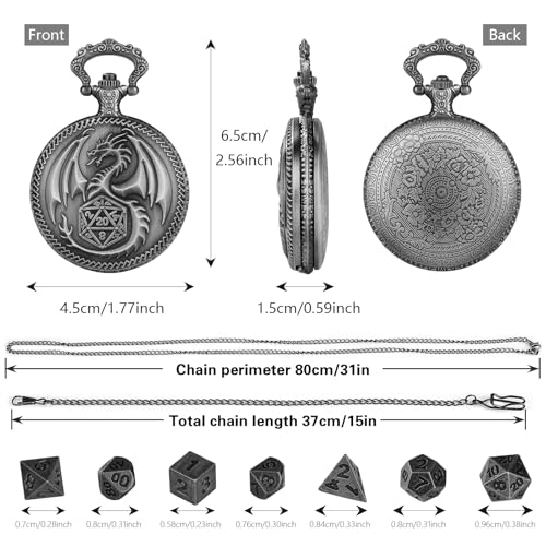 Mini DND Dice Set with Dragon Engraved Pocket Watch Shell Case, 7pcs Polyhedral Metal D&D Dice Set, DND Gifts with Gift Box, Role Playing Board Games Accessories, Dark Silver - color: Dark Silver