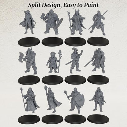 AUSPDICE 25mm DND Minis Figurine for Dungeon Masters & RPG Gift AS990 | Unpainted Ultimate 12 Pcs Heroic Adventurer Party -1:64 Scale Multi-Class TTRPG Human Miniatures Tabletop Gaming Miniatures