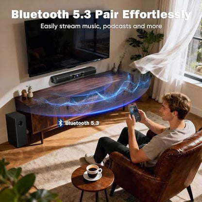 RIOWOIS 3.1ch Sound Bar with 5.25" Wired Subwoofer,Sound Bar for Smart TV | 100W Deep Bass,TV-ARC/Optical/Auxiliary /Bluetooth 5.3, Surround Sound System for TV/PC/Gaming/Projectors - size: 17-inch soundbar with 5.25-inch subwoofer