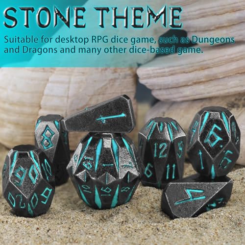 FONVGOGO Metal DND Dice Set, 7 Dungeons and Dragon Dice Stonehenge Design | Unique Cool D and D Metal Dice Set for RPG Role Playing Games, Blue Polyhedral Dice, DND Gifts for Tabletop Games - color: S Blue