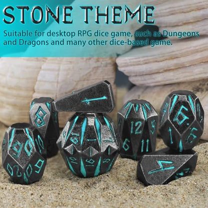 FONVGOGO Metal DND Dice Set, 7 Dungeons and Dragon Dice Stonehenge Design | Unique Cool D and D Metal Dice Set for RPG Role Playing Games, Blue Polyhedral Dice, DND Gifts for Tabletop Games - color: S Blue