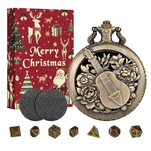 Mini DND Dice Set with Steampunk Hollow Bard Pocket Watch Shell Case, 7 PCS Metal Polyhedral D&D Dice Set, Xmas Gift with Gift Box, Role Playing Board Game Accessories, Bronze - color: Bard + Christmas Box
