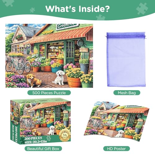 Jigsaw Puzzles for Adults 500 Pieces, Puppy Flower Shop Puzzles 500 Pieces, Challenging Yet Relaxing Jigsaw Puzzle Game for Adults, Glossy Sturdy Vibrant Puzzle Great Gift for Family Friends - style: Flower Shop