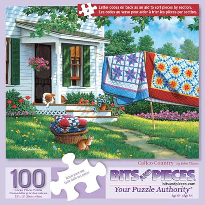 Bits and Pieces 100 Piece Puzzles for Adults - Calico Country - 100 Extra Large Pieces 15" x 19" Jigsaw Puzzles, Quilts Farm Spring, No 2 Pieces Alike - size: 100 Piece Puzzle