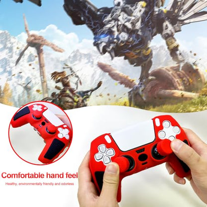 Anti-Slip Red PS5 Controller Skin,Soft Thicken Studded Protective Silicone Cover Skin Grips Compatible with PS5/Slim/Pro Controller and 8 PCS Thumb Grips Caps. - color: Red&Black