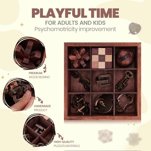 9 Pcs Brain Teaser Puzzles for Adults Teens - Brain Teaser Puzzles with Wooden Box 3D Puzzle Game Toys for Adults Teens - Unlock Interlocking Puzzle Adults Teens IQ Education Smart Toys - color: Style E