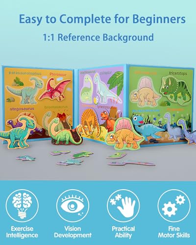 Magnetic Puzzles for Toddlers 2-4, Travel Puzzles Games for Kids Ages 1-3, Dinosaur Activities Toy Wooden Jigsaw Puzzles Book for Boys & Girls 1 2 3 4 5, Learning Magnet Gift for Road Trip (Dinosaur) - style: Dinosaur