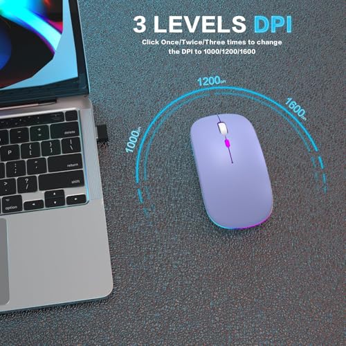 AIKOKOK Wireless Bluetooth Mouse, Rechargeable Dual Mode Mouse, Purple | BT 5.2 & 2.4G USB Receiver, 3 Adjustable DPI,LED Lights,Slim,Silent,Portable Computer Mouse for Laptop,PC,MacBook,iPad,Tablet - color: Purple