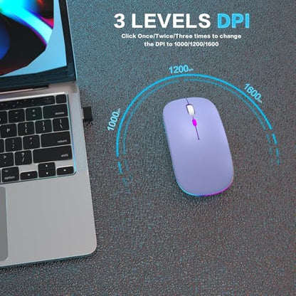 AIKOKOK Wireless Bluetooth Mouse, Rechargeable Dual Mode Mouse, Purple | BT 5.2 & 2.4G USB Receiver, 3 Adjustable DPI,LED Lights,Slim,Silent,Portable Computer Mouse for Laptop,PC,MacBook,iPad,Tablet - color: Purple