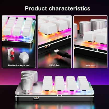 LICAEVEY Custom Macro Pad, 16 Key Programmable Mechanical Keyboard with 3 Knobs & RGB LED, Keypad for, Gaming, Shortcuts, Fit for Wins OS X (White) - color: White