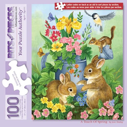 Bits and Pieces – 100 Piece Jigsaw Puzzle for Adults – A Touch of Spring by Artist Jane Maday - Cute Bunnies Jigsaw Puzzle, Completed Puzzle Size: 15" x 19" - size: 100 Piece Puzzle