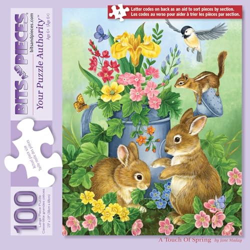 Bits and Pieces – 100 Piece Jigsaw Puzzle for Adults – A Touch of Spring by Artist Jane Maday - Cute Bunnies Jigsaw Puzzle, Completed Puzzle Size: 15" x 19" - size: 100 Piece Puzzle