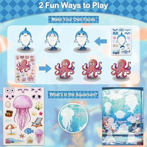 Dizdkizd Ocean Stickers for Kids, Make a Face Sea Animal Sticker Sheets with 10 Faces and 1 Scene Card, Under The Sea Party Favors, Fun Crafts Activities and Classroom Rewards - style: Marine