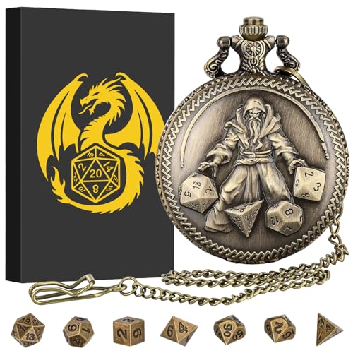 Mini DND Dice Set, Hand Held Dice Wizard Pocket Watch Shell Case, 7 Piece Polyhedral Metal D&D Dice Set, DND Gifts with Gift Box, Role Playing Board Game Accessories, Bronze - color: Bronze