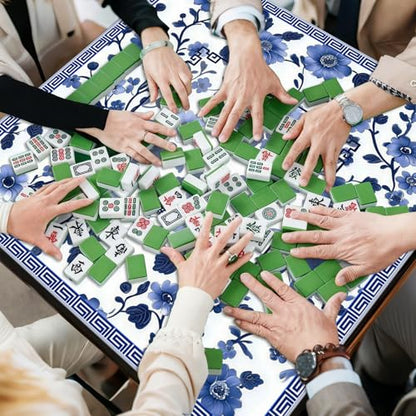 Mahjong Mat 31.5" x 31.5" – Blue Chinese Floral Design, Rubber Non-Slip Noise-Reducing Game Table Cover for Mahjong, Poker, Dominoes & Board Games (Blue)