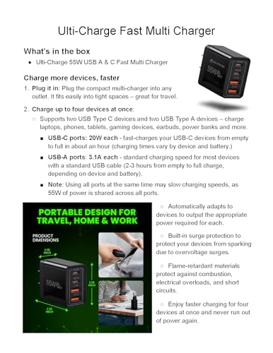 Ulti Charger 4 Ports Quick USBC Charger Boltz Pro Fast Charging Block | Wall Charging Block for Smart Phones, Tablets, Devices with Multiple Ports for Travel & Home, USB C x2, USB A x2, Compact