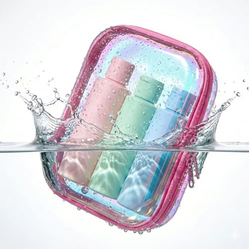 Clear Hard Shell Organizer Cases, 2 Pack | Iridescent PET shell with water-resistant, scratch-resistant surface for travel, toiletries, electronics and daily essentials - color: Pink Iridescent