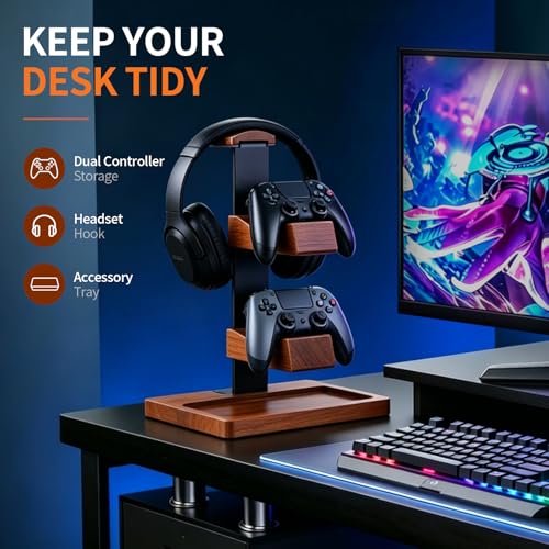 Headset Stand with Gaming Controller Holder, Wood Headphone Stand with Storage Base, Gaming Equipment Accessories for Desk