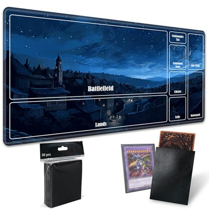 Board Game Mat TCG Playmat Plus 50 Pcs Card Sleeves, 24 x 14 inches Table Mats Games Mousepad with Zones Smooth Surface for MTG RPG CCG Trading Card Game Play Mats, Village Night - color: Village Night, size: Zone 1