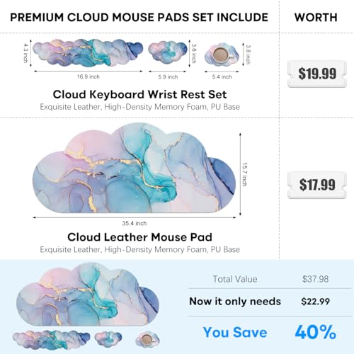 JIKIOU Ergonomic Keyboard Wrist Rest &Large Mouse Pad&Mouse Wrist & Cup Pad | Cute Cloud Shape, 4 in 1 Memory Foam Desk Mat, Ultra-smooth Surface, Savior of Wrist Pain, Anti-slip Rubber Base, Waterproof - color: 06Marble Blue