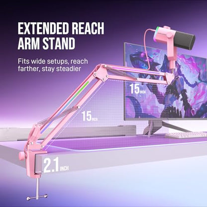 FIFINE AM8PROTP XLR/USB Gaming Microphone Kit, Dynamic RGB Streaming Mic | Podcast Mic Set with Boom Arm Stand, Compatible with PC/PS4/PS5/Mixer, with Headphone Jack, Volume Knob, Mute, Pink - color: Pink